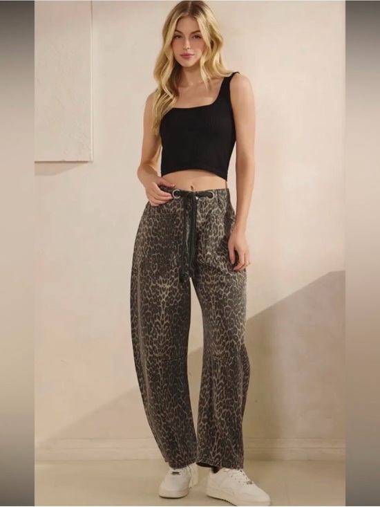 Ververet Pants - VEVERET Leopard Print Barrel Leg Drawstring Pants - Black/Brown/Grey